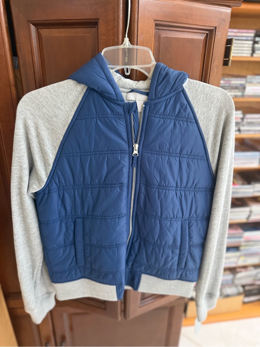 Nordstrom Kids Navy Front Quilted Hoodie with Heather Gray Sleeves